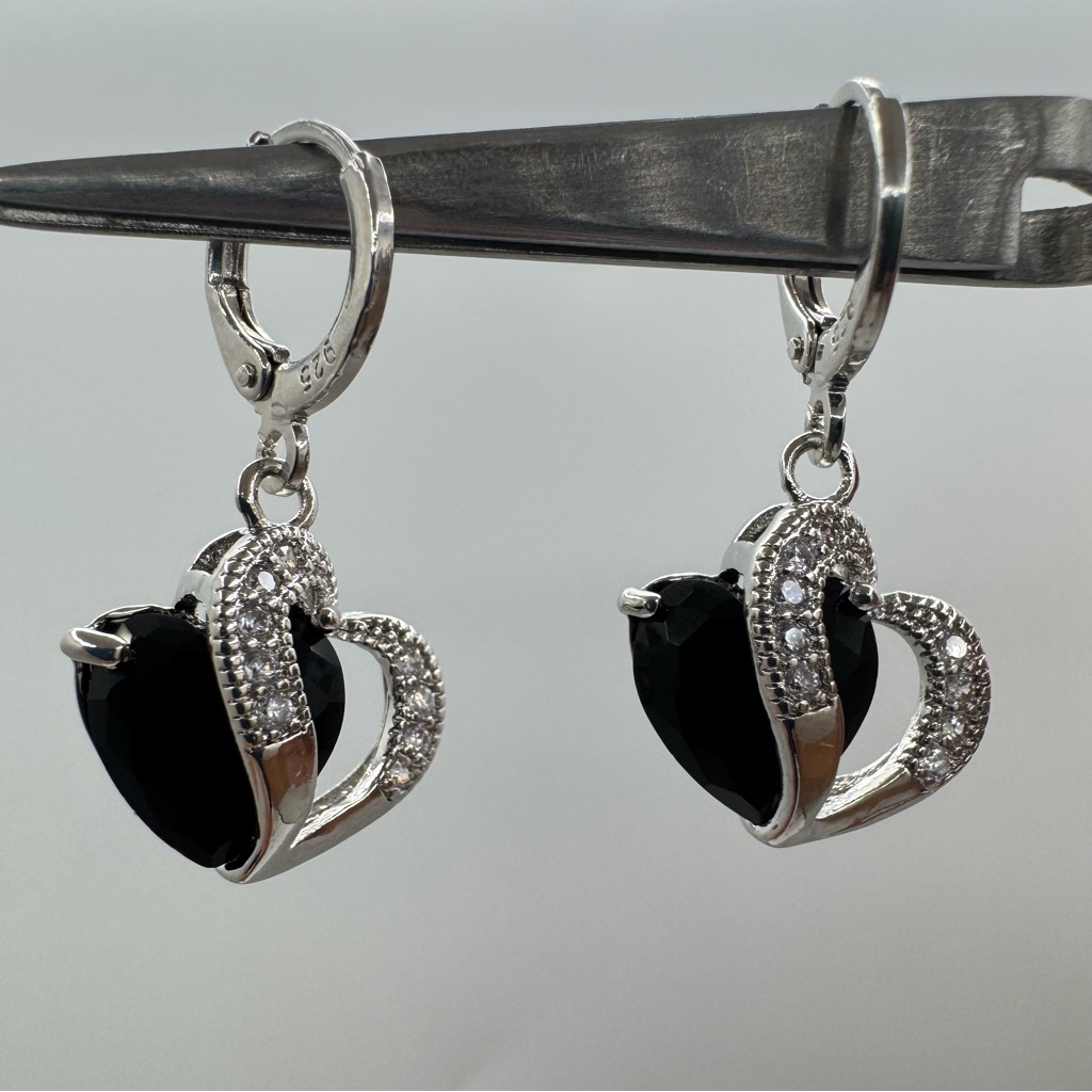 New Silver Plated Black Heart Drop Earrings With Cz Accents